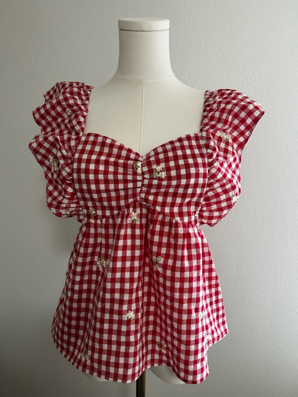 Red Gingham Ruffle-Sleeve Peplum Top - Brand:
